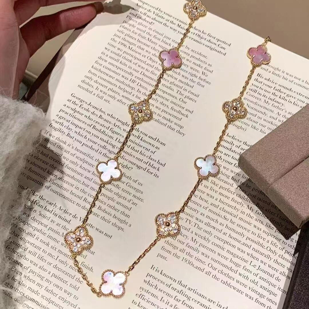 VCA CLOVER 20 MOTIFS DIAMOND PINK MOP NECKLACE