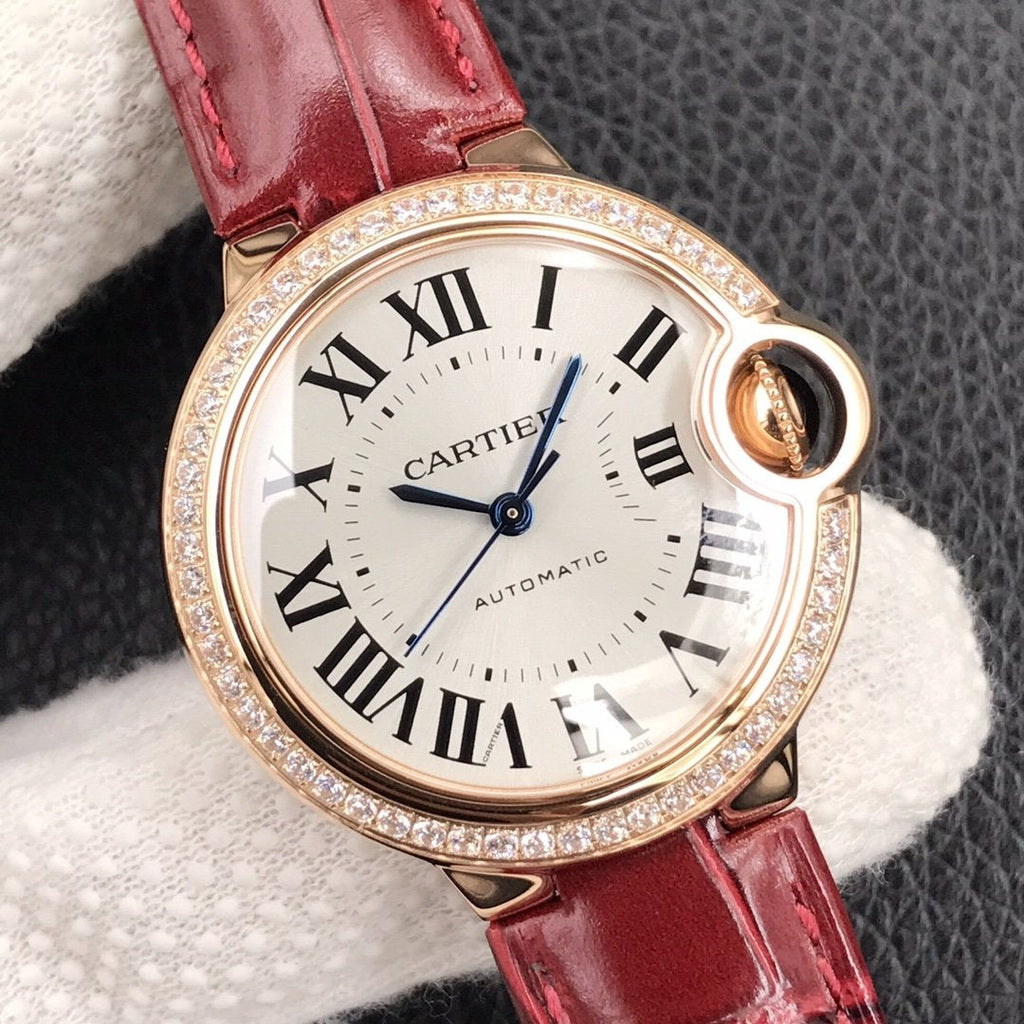CARTIER BALLON BLEU 33MM ROSE GOLD CASE DIAMOND BEZEL RED LEATHER