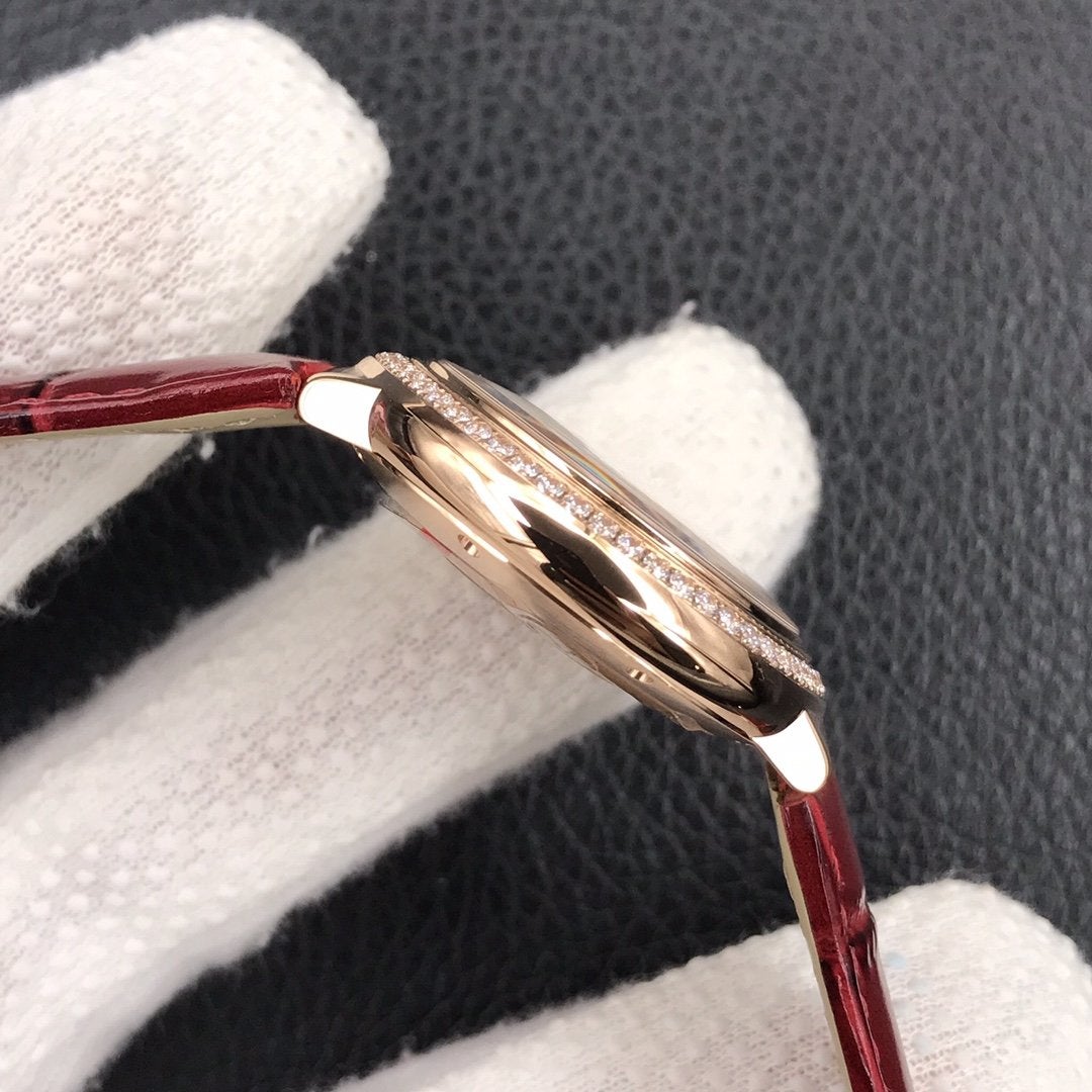 CARTIER BALLON BLEU 33MM ROSE GOLD CASE DIAMOND BEZEL RED LEATHER