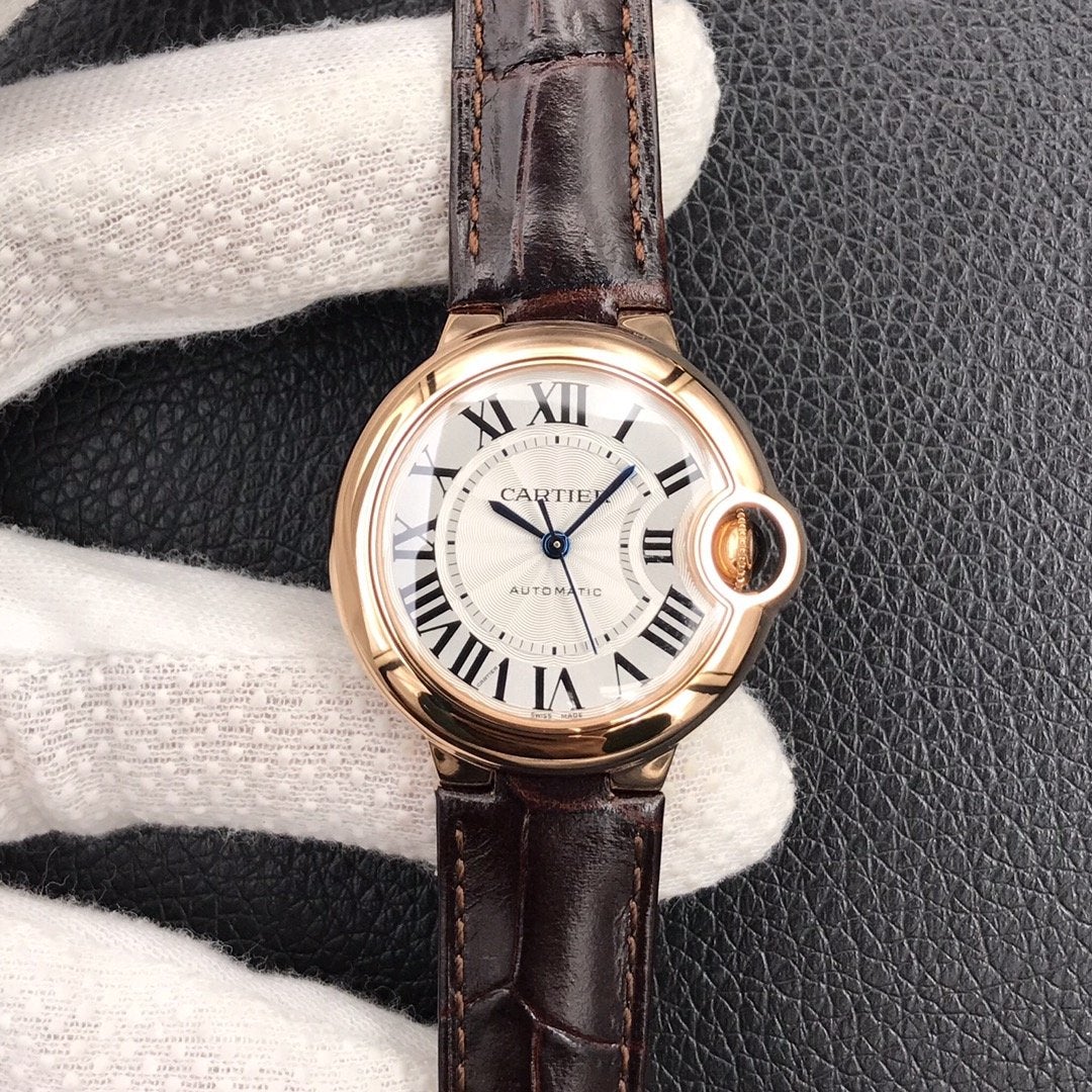 CARTIER BALLON BLEU 33MM AUTOMATIC ROSE GOLD CASE BROWN LEATHER