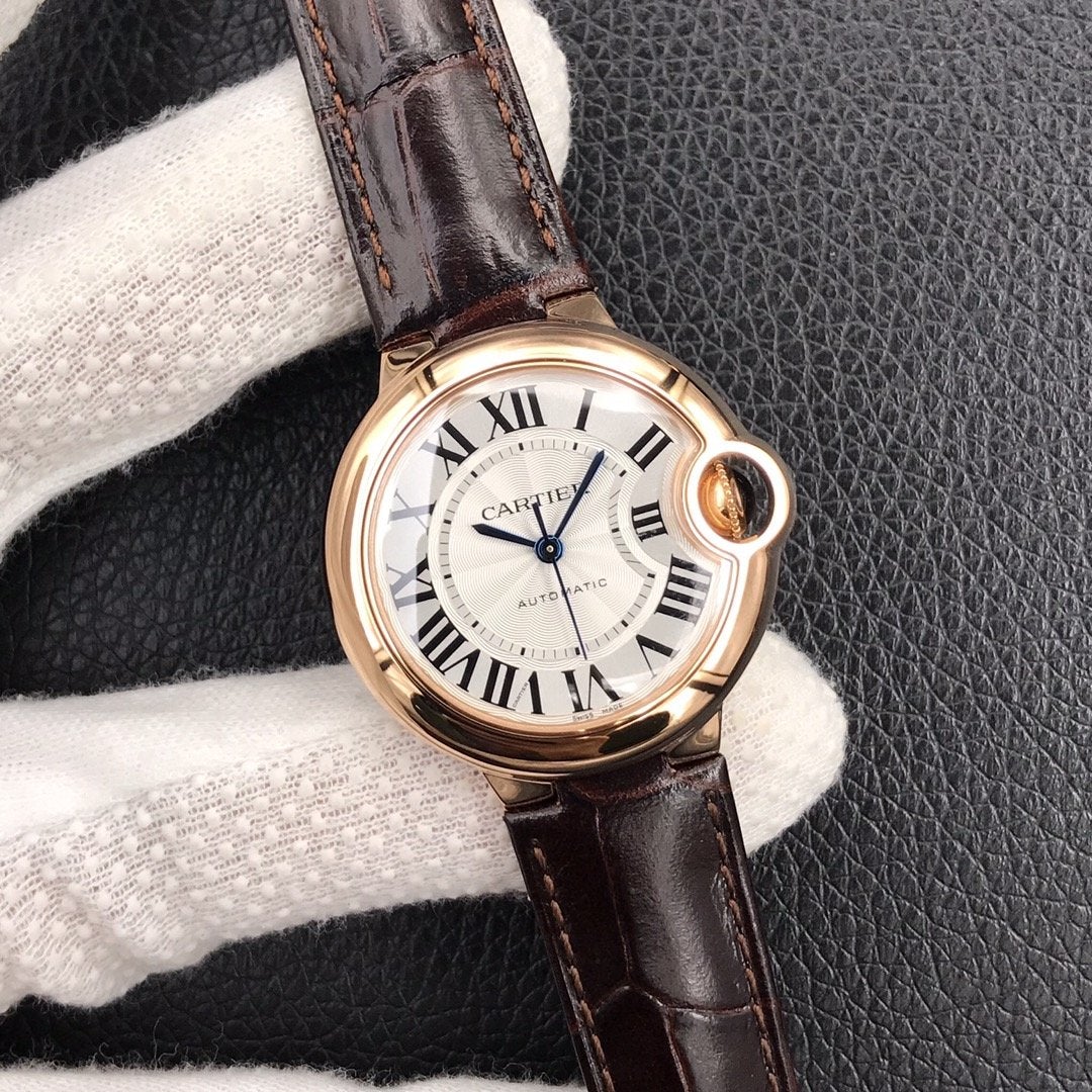 CARTIER BALLON BLEU 33MM AUTOMATIC ROSE GOLD CASE BROWN LEATHER