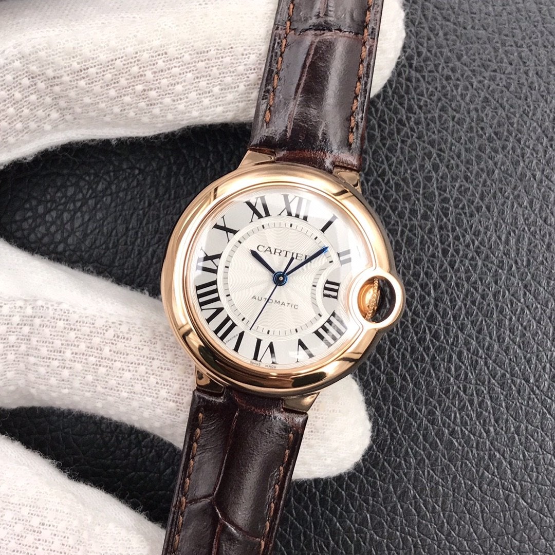 CARTIER BALLON BLEU 33MM AUTOMATIC ROSE GOLD CASE BROWN LEATHER