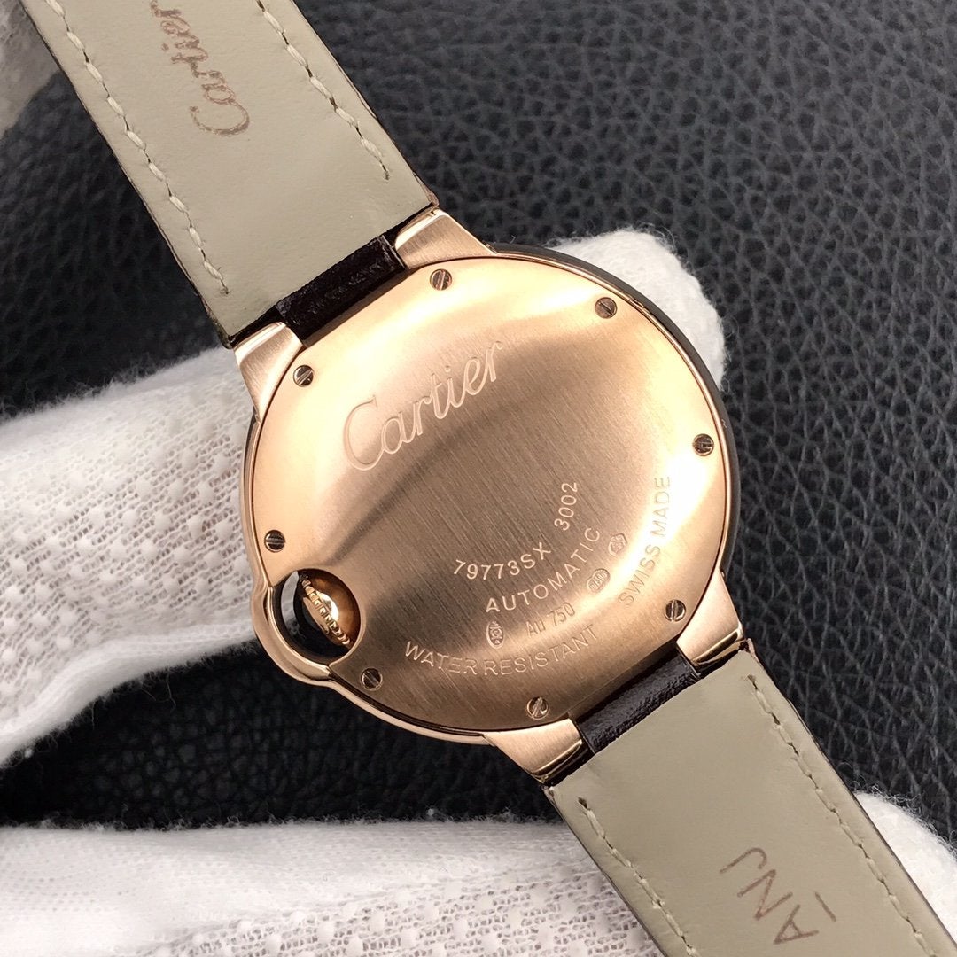 CARTIER BALLON BLEU 33MM AUTOMATIC ROSE GOLD CASE BROWN LEATHER