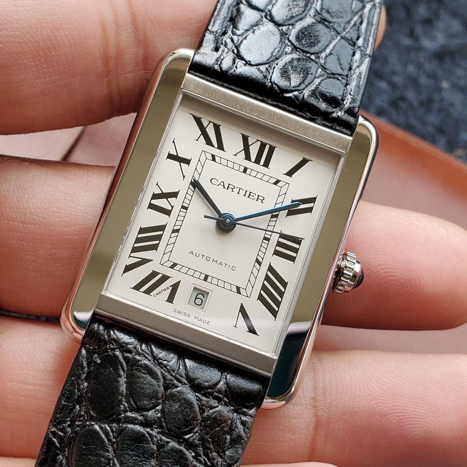 CARTIER TANK SOLO XI 41 STEEL CASE BLACK LEATHER STRAP