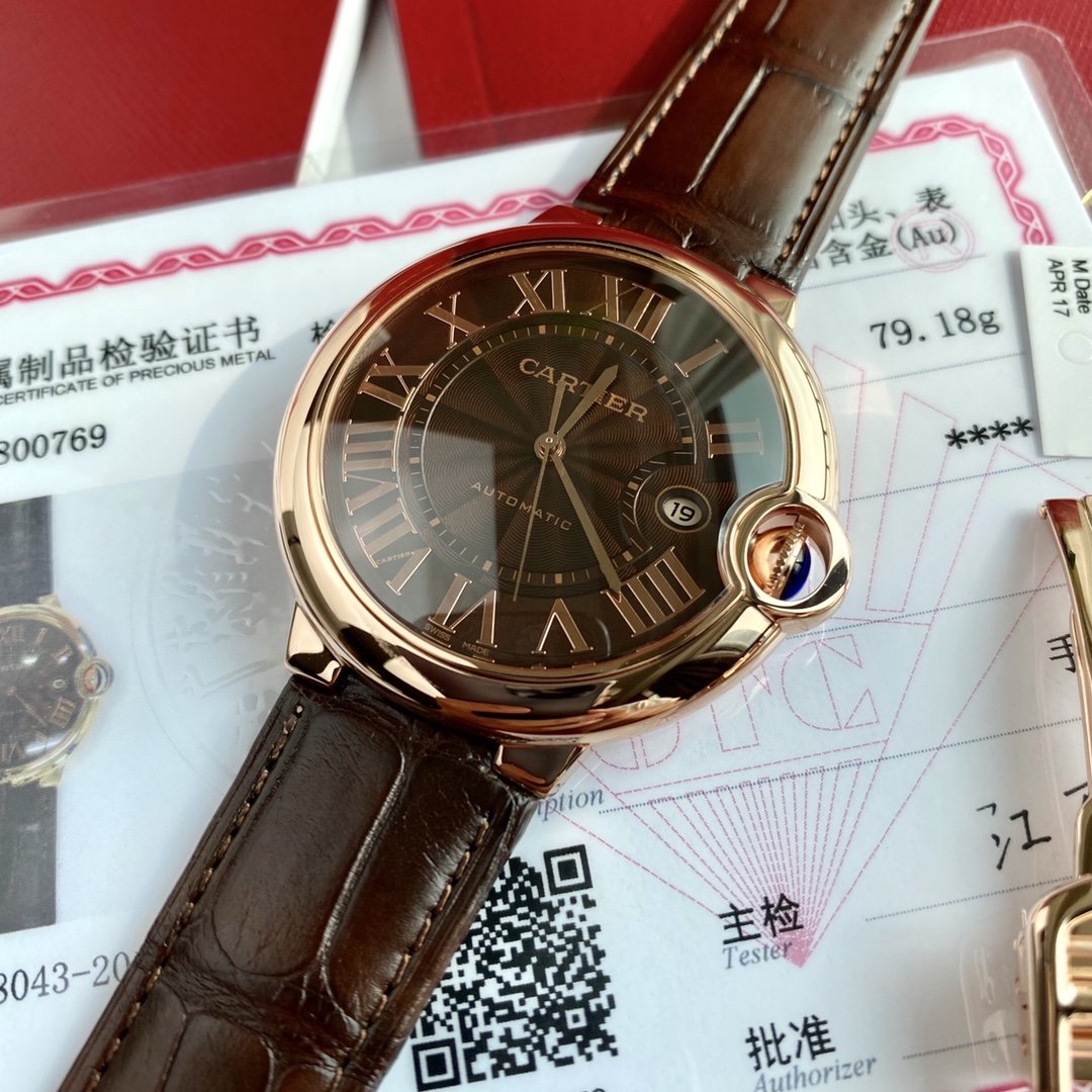 CARTIER BALLON BLEU 42 ROSE GOLD CASE BROWN DIAL LEATHER BRACELET