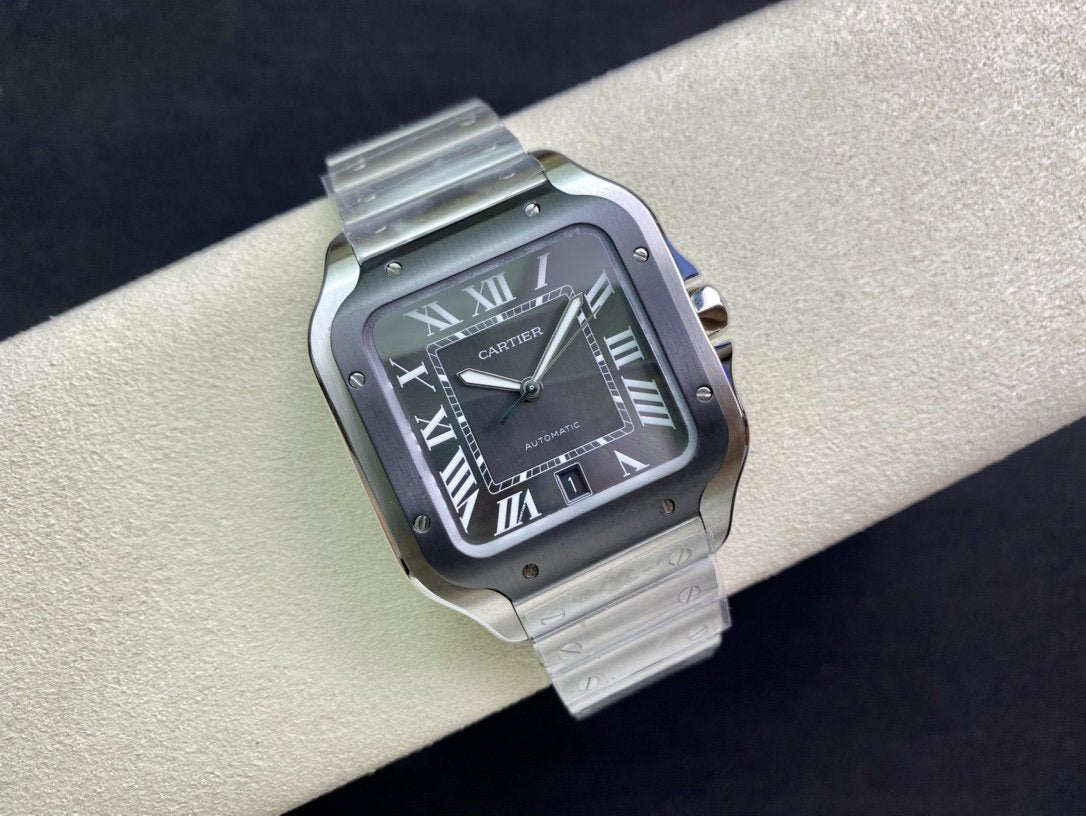CARTIER SANTOS DE CARTIE LARGE STEEL CASE BLACK BEZEL WHITE DIAL
