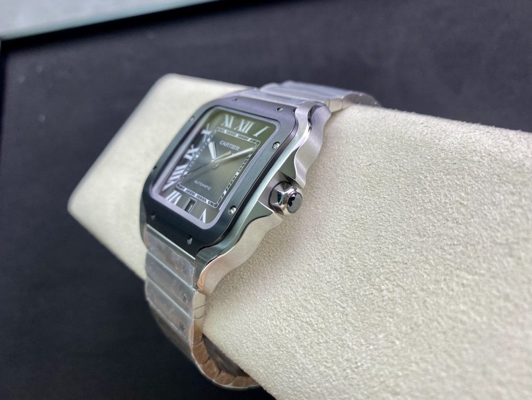 CARTIER SANTOS DE CARTIE LARGE STEEL CASE BLACK BEZEL WHITE DIAL