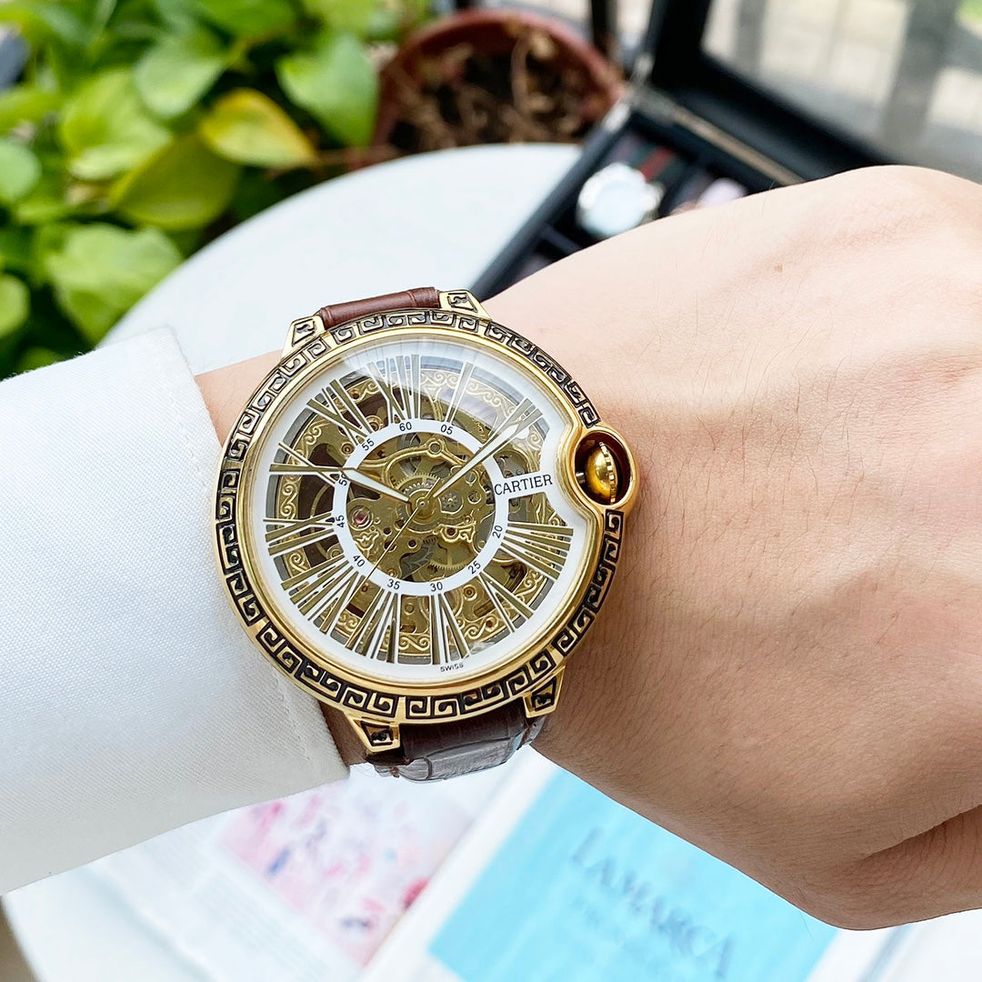 CARTIER BALLON BLEU 43 SKELETON HAND ENGRAVED LEATHER