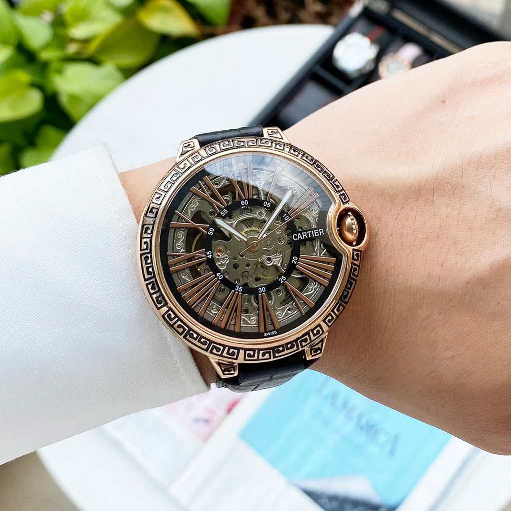 CARTIER BALLON BLEU 43 SKELETON HAND ENGRAVED LEATHER