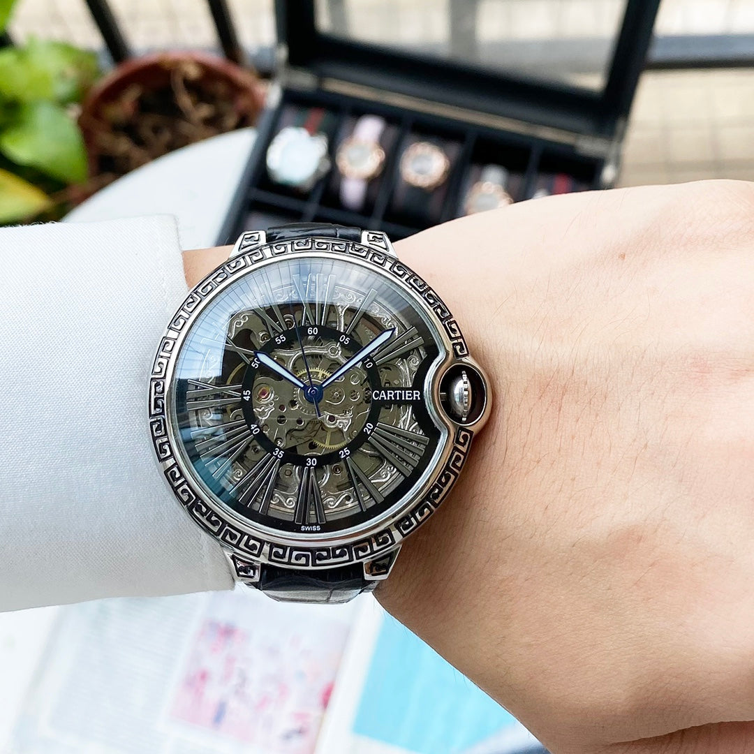 CARTIER BALLON BLEU 43 SKELETON HAND ENGRAVED LEATHER