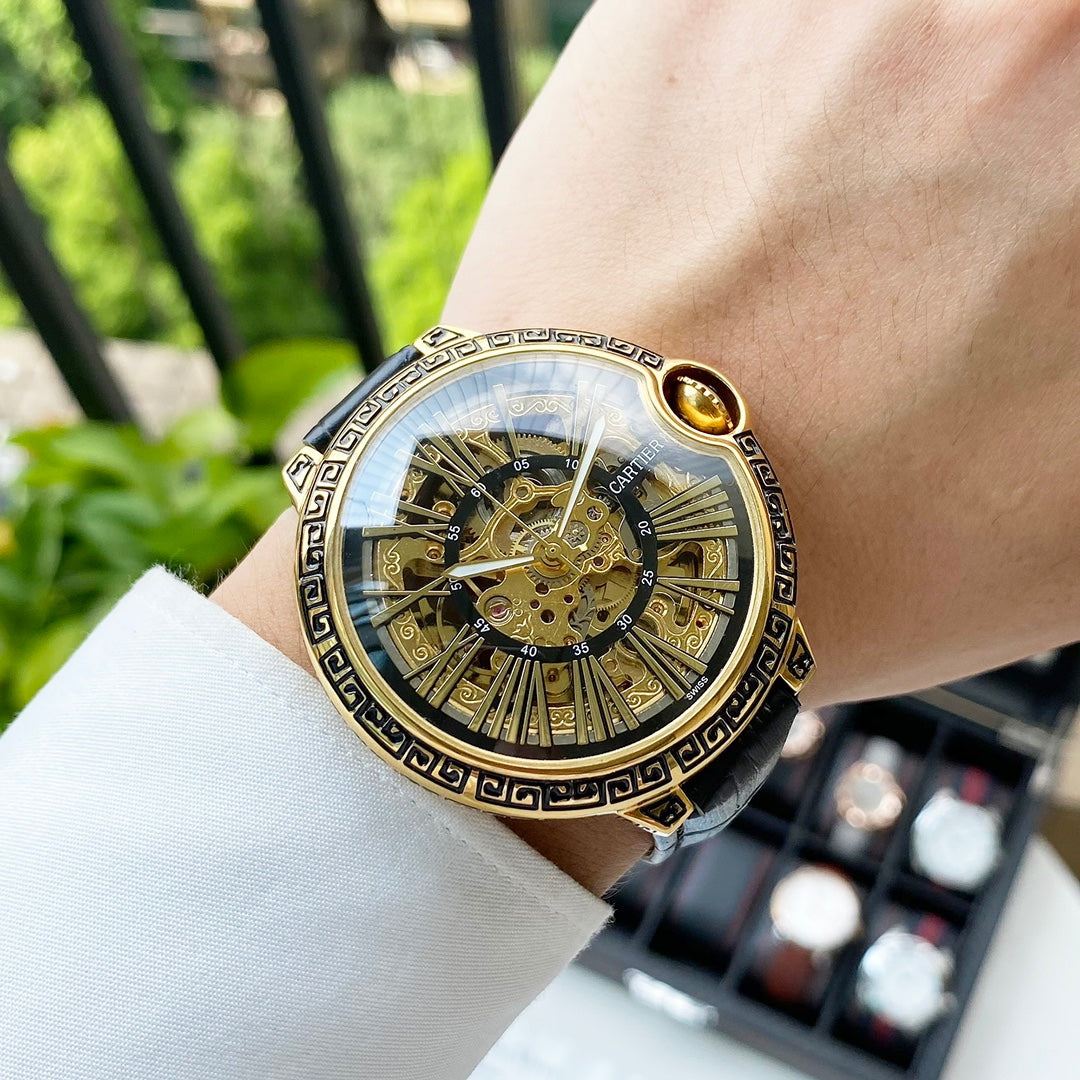 CARTIER BALLON BLEU 43 SKELETON HAND ENGRAVED LEATHER