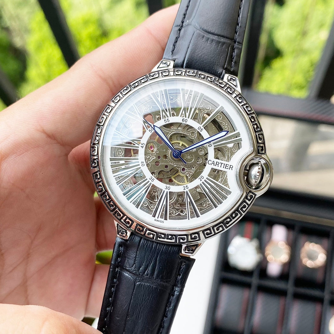 CARTIER BALLON BLEU 43 SKELETON HAND ENGRAVED LEATHER