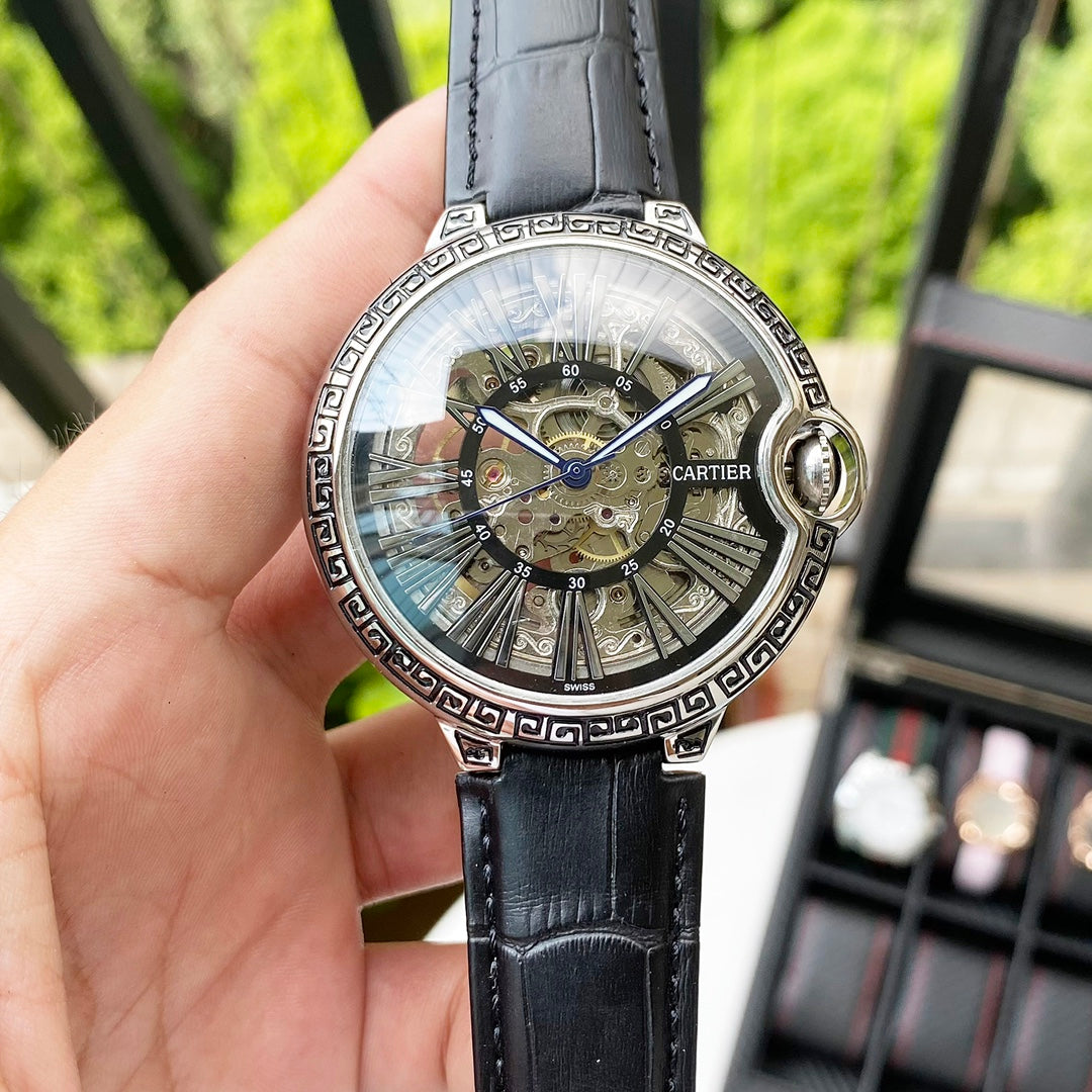 CARTIER BALLON BLEU 43 SKELETON HAND ENGRAVED LEATHER
