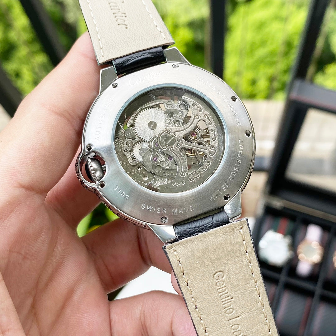 CARTIER BALLON BLEU 43 SKELETON HAND ENGRAVED LEATHER