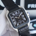 CARTIER SANTOS 40MM STAINLESS STEEL BLACK BEZEL LEATHER STRAP