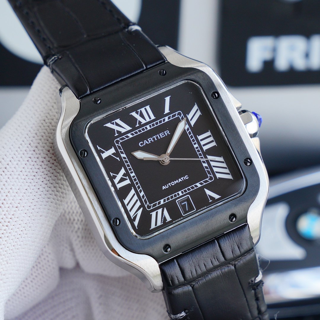 CARTIER SANTOS 40MM STAINLESS STEEL BLACK BEZEL LEATHER STRAP