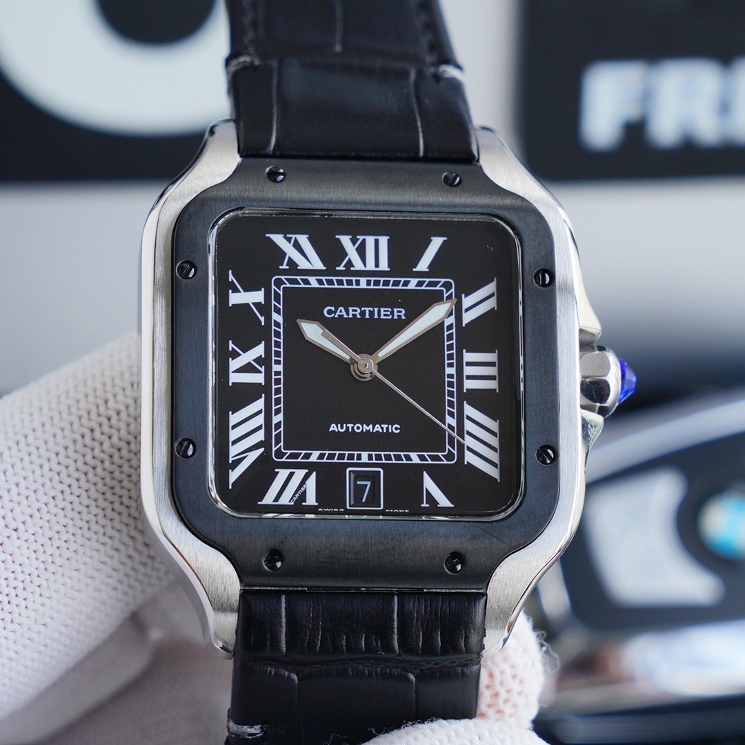 CARTIER SANTOS 40MM STAINLESS STEEL BLACK BEZEL LEATHER STRAP