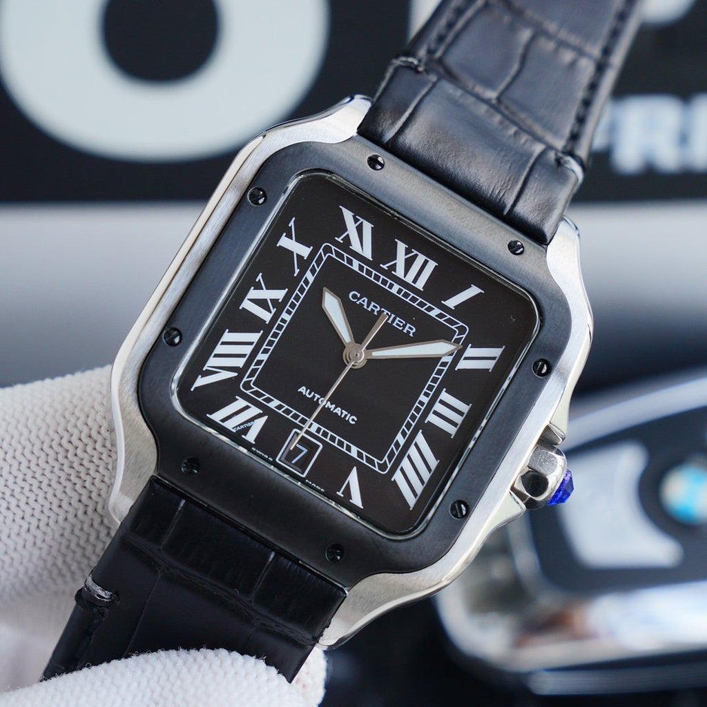 CARTIER SANTOS 40MM STAINLESS STEEL BLACK BEZEL LEATHER STRAP