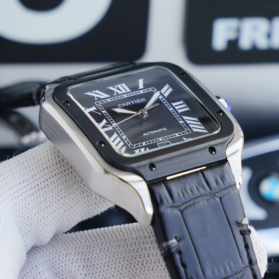 CARTIER SANTOS 40MM STAINLESS STEEL BLACK BEZEL LEATHER STRAP