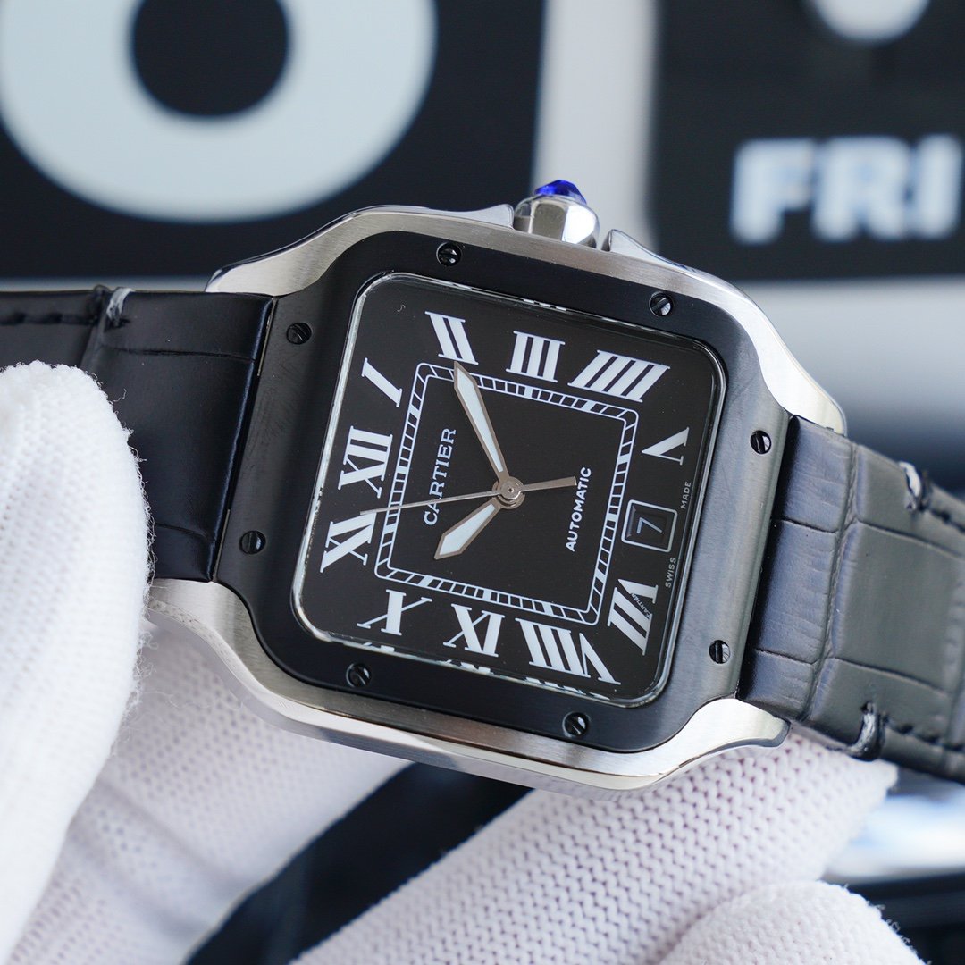 CARTIER SANTOS 40MM STAINLESS STEEL BLACK BEZEL LEATHER STRAP