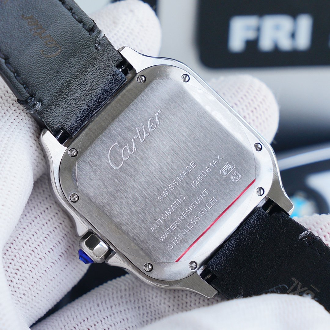 CARTIER SANTOS 40MM STAINLESS STEEL BLACK BEZEL LEATHER STRAP