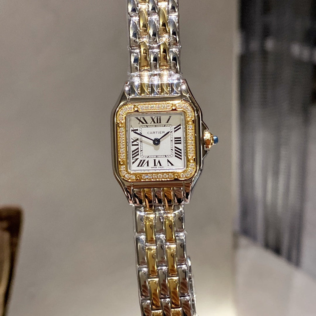 CARTIER PANTHERE 22MM QUARTZ GOLD STEEL DIAMOND BEZEL