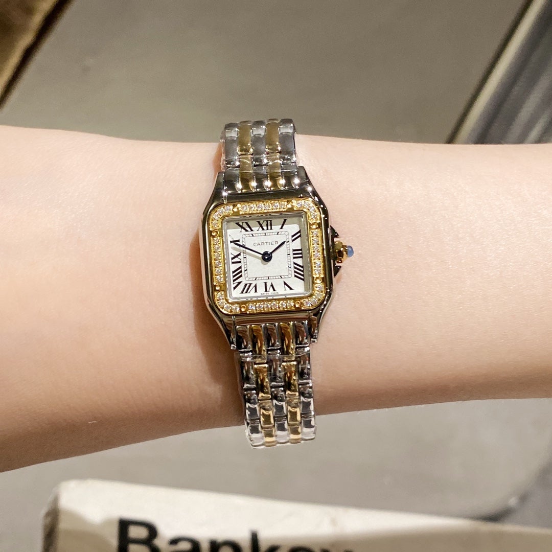 CARTIER PANTHERE 22MM QUARTZ GOLD STEEL DIAMOND BEZEL