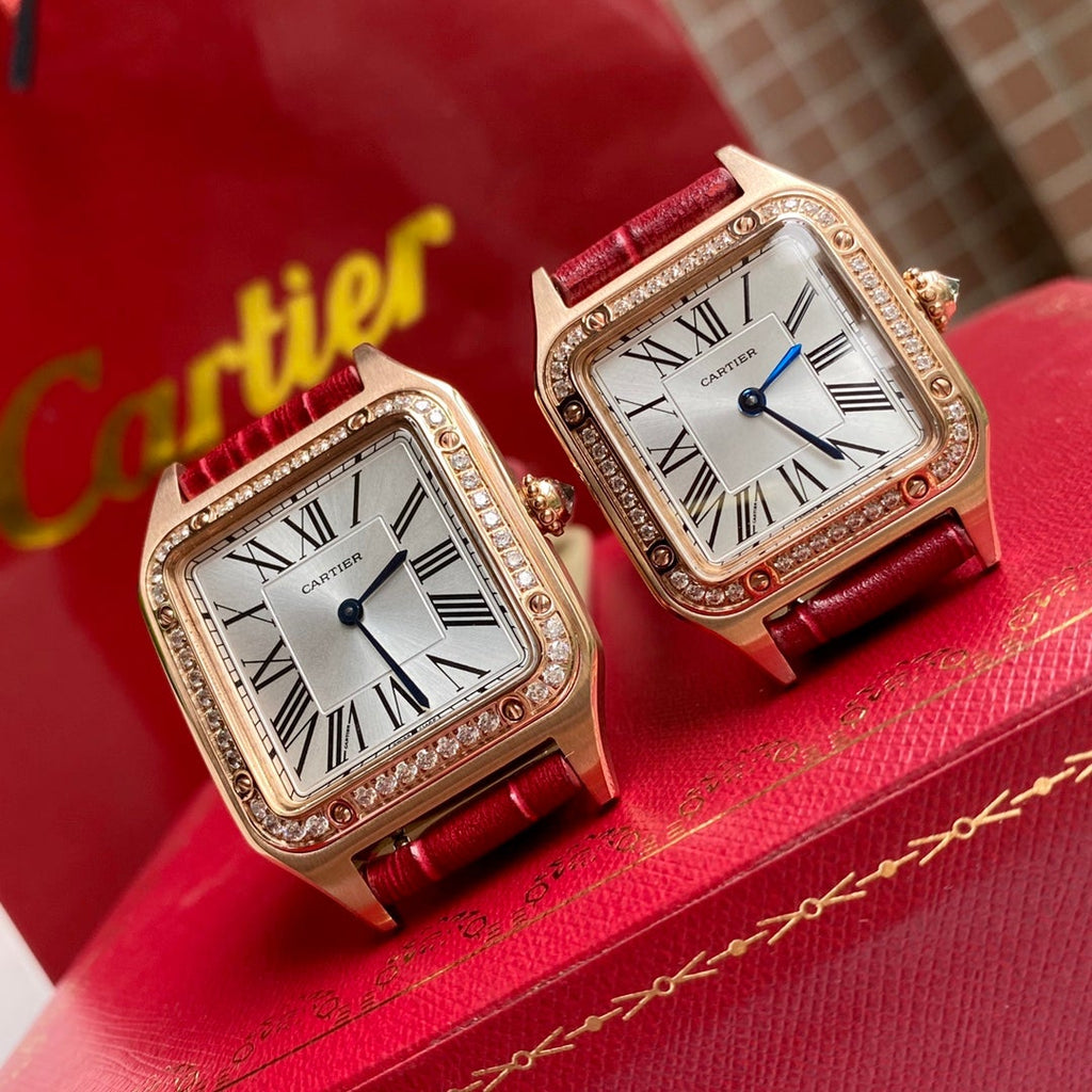 CARTIER SANTOS DUMONT QUARTZ ROSE GOLD CASE DIAMOND BEZEL