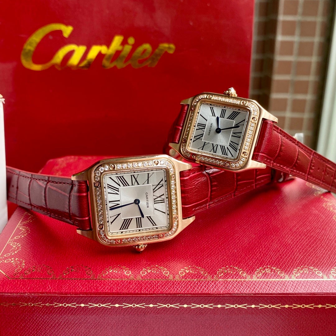 CARTIER SANTOS DUMONT QUARTZ ROSE GOLD CASE DIAMOND BEZEL