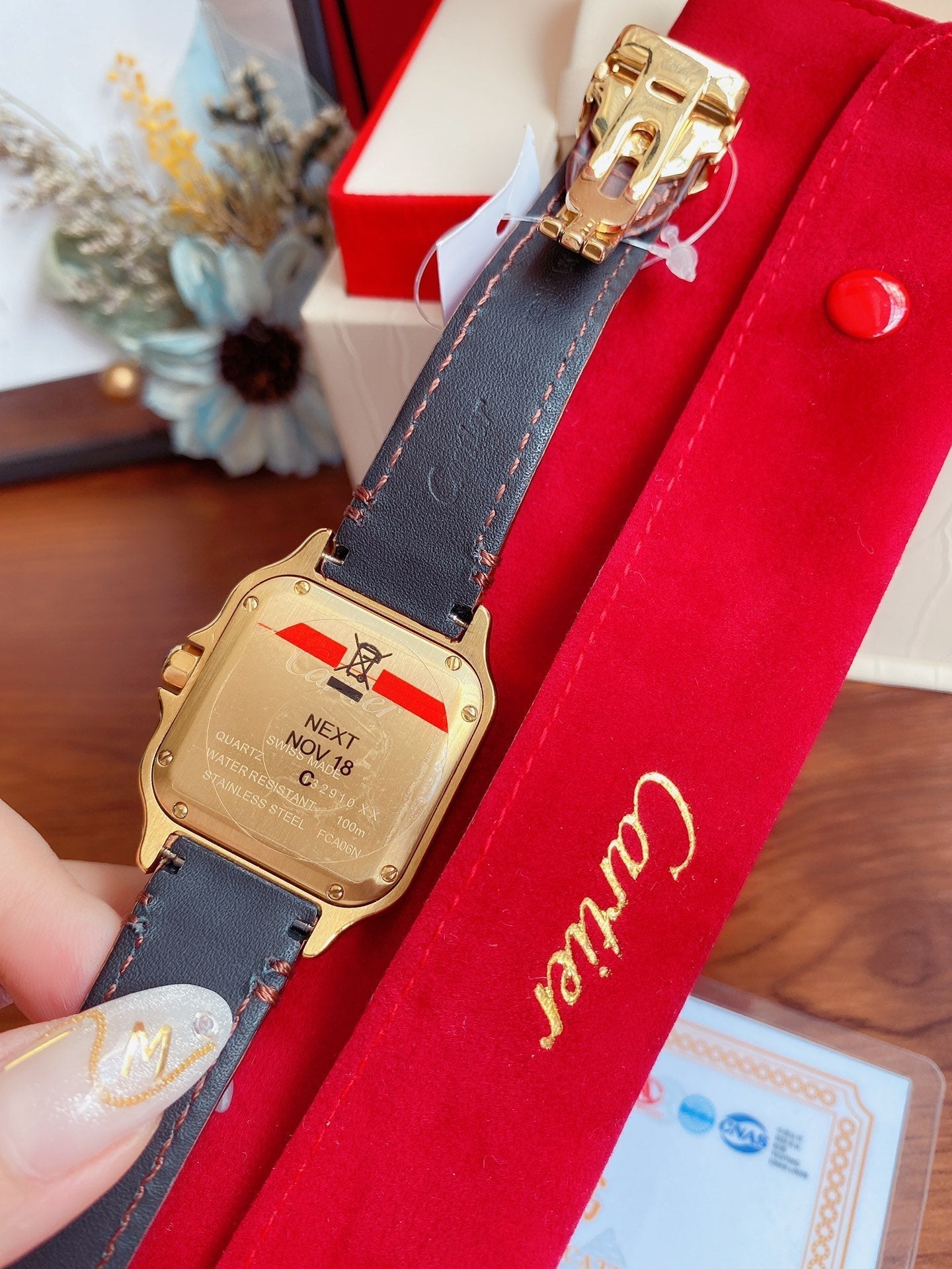 CARTIER SANTOS LADY 35MM QUARTZ 35MM GOLD CASE DIAMOND BEZEL LEATHER