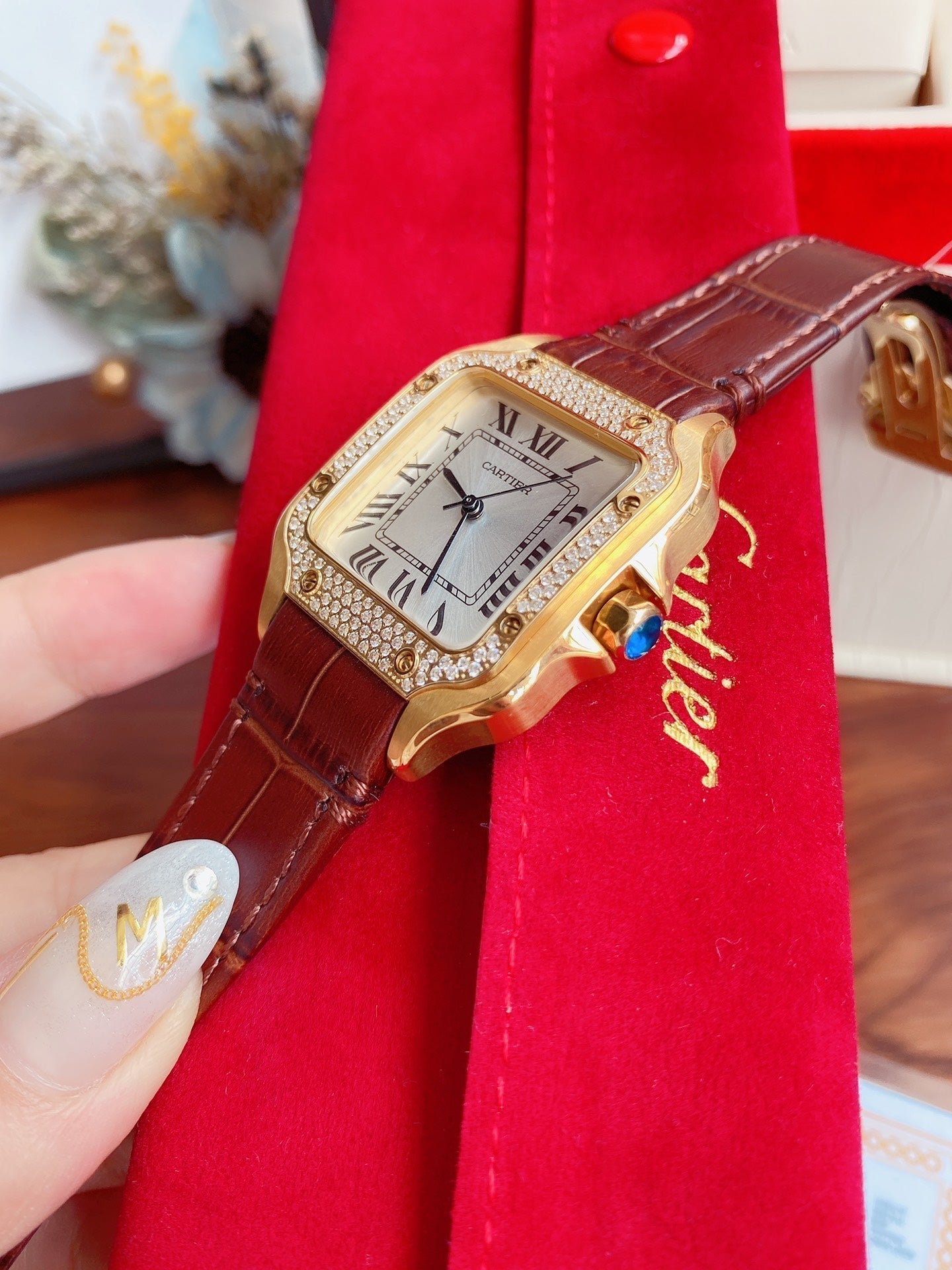 CARTIER SANTOS LADY 35MM QUARTZ 35MM GOLD CASE DIAMOND BEZEL LEATHER
