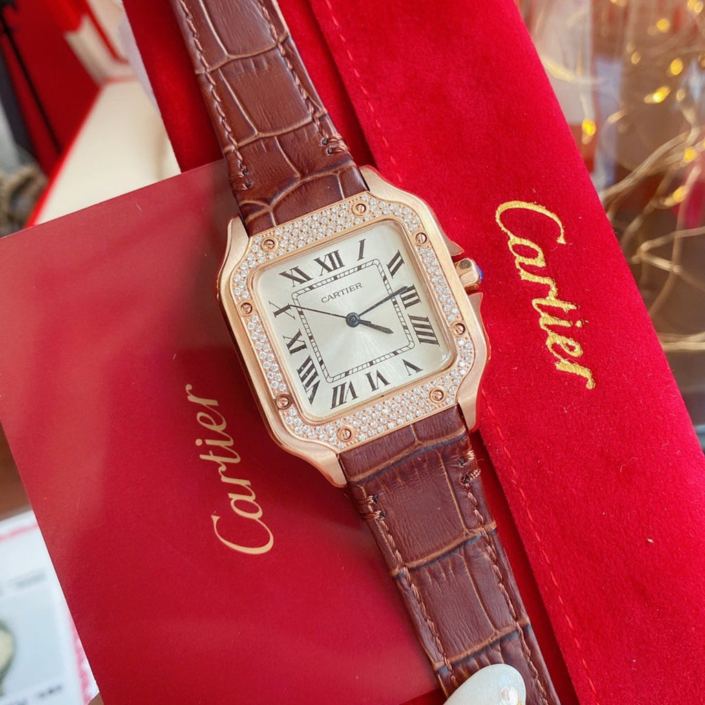 CARTIER SANTOS LADY 35MM QUARTZ ROSE GOLD CASE DIAMOND BEZEL LEATHER