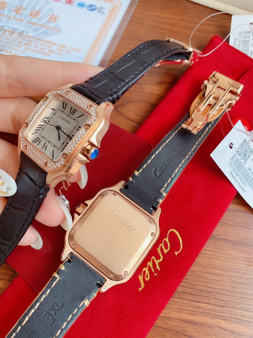 CARTIER SANTOS LADY 35MM QUARTZ ROSE GOLD CASE DIAMOND BEZEL LEATHER