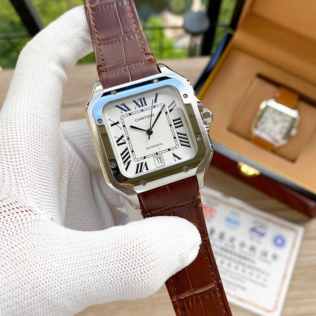 CARTIER SANTOS 38MM STEEL AUTOMATIC LEATHER
