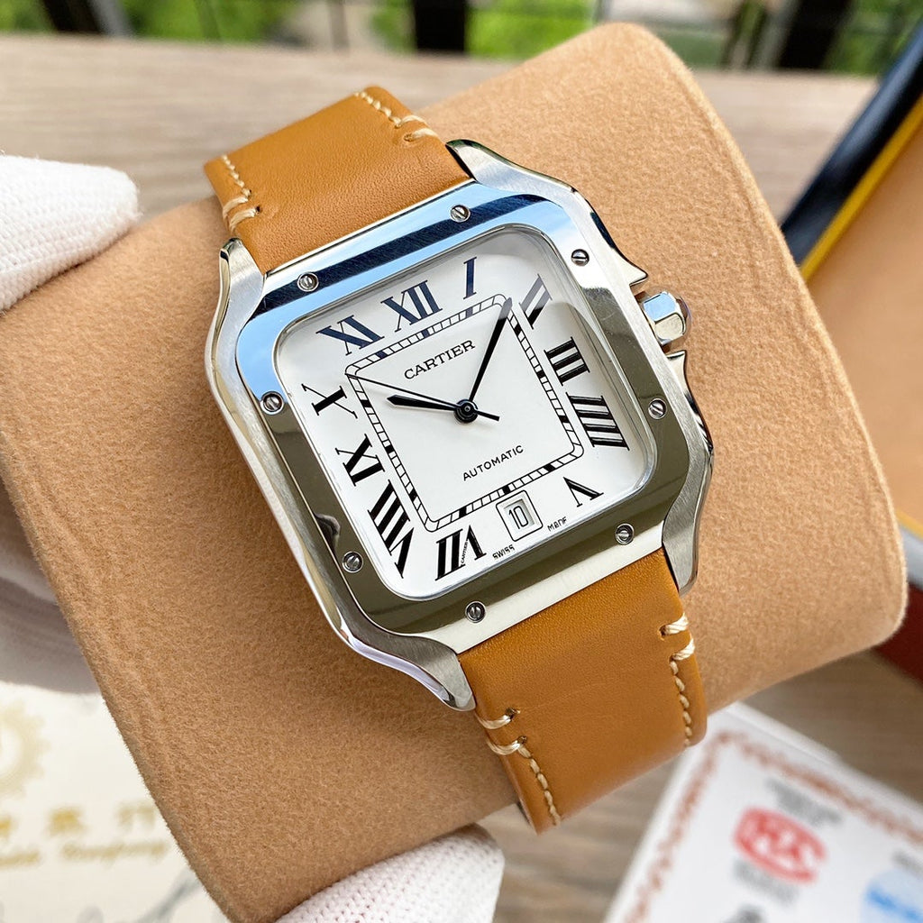 CARTIER SANTOS 38MM STEEL AUTOMATIC LEATHER