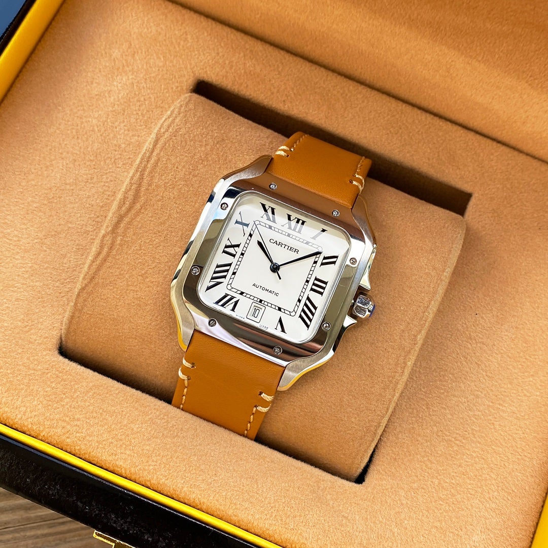 CARTIER SANTOS 38MM STEEL AUTOMATIC LEATHER