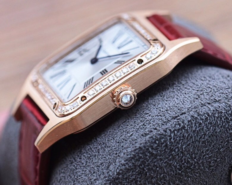 CARTIER SANTOS DUMONT QUARTZ 33MM ROSE GOLD DIAMOND BEZEL