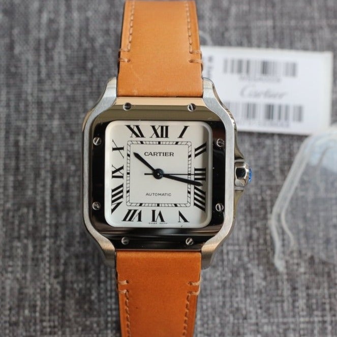 CARTIER SANTOS 34MM STEEL CASE BROWN LEATHER