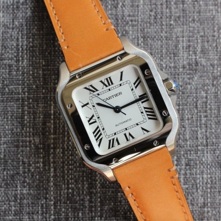 CARTIER SANTOS 34MM STEEL CASE BROWN LEATHER