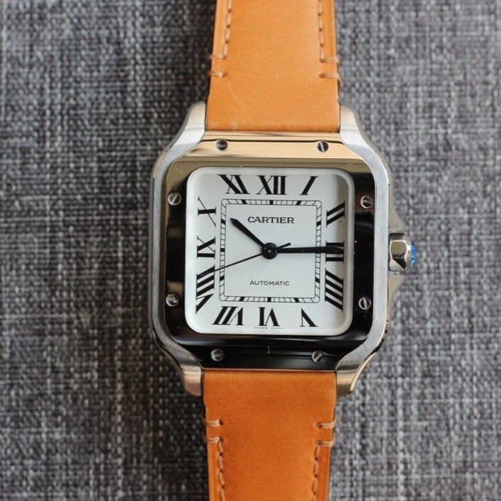 CARTIER SANTOS 34MM STEEL CASE BROWN LEATHER