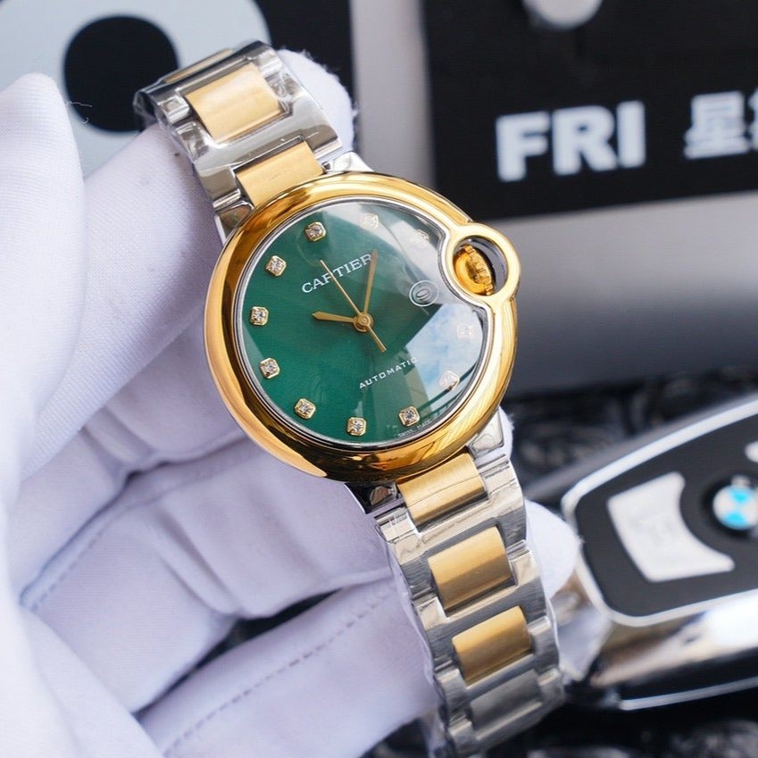 CARTIER BALLON BLEU 33MM GOLD GREEN DIAL DIAMOND NUMERALS