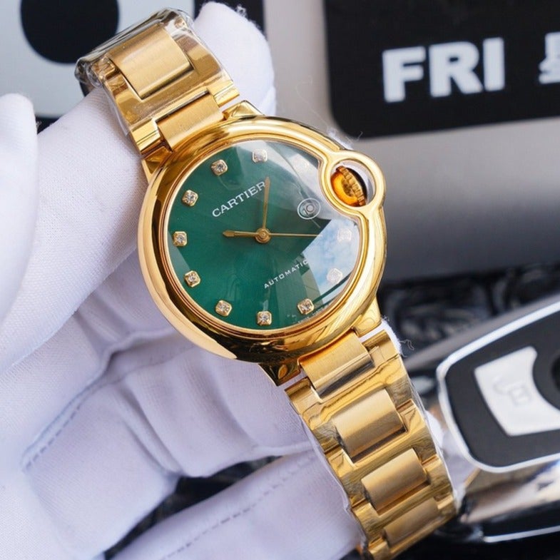 CARTIER BALLON BLEU 33MM GOLD GREEN DIAL DIAMOND NUMERALS