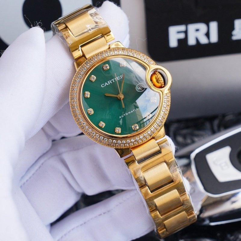 CARTIER BALLON BLEU 33MM GOLD GREEN DIAL DIAMOND NUMERALS