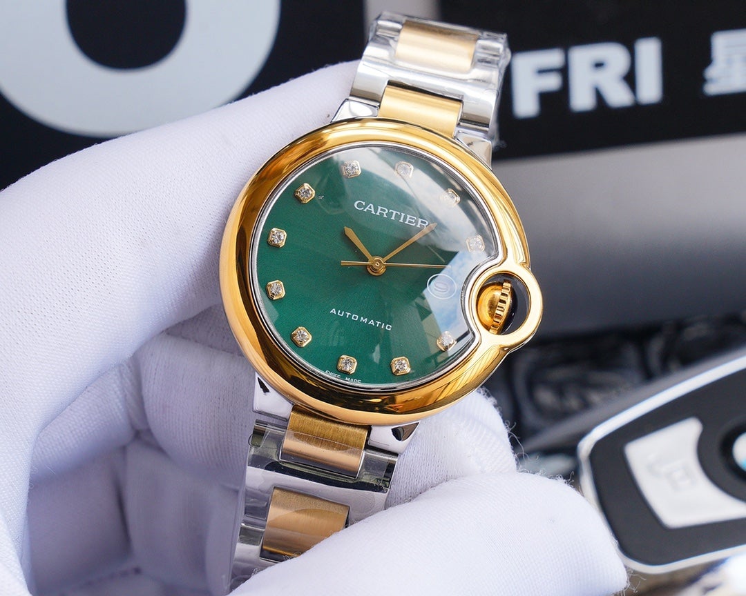 CARTIER BALLON BLEU 33MM GOLD GREEN DIAL DIAMOND NUMERALS