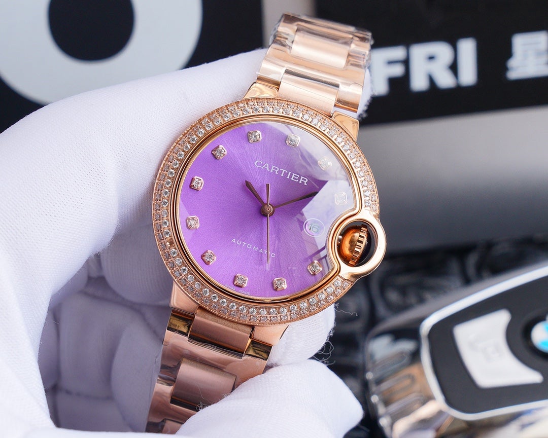 CARTIER BALLON BLEU 33MM ROSE GOLD PURPLE DIAL