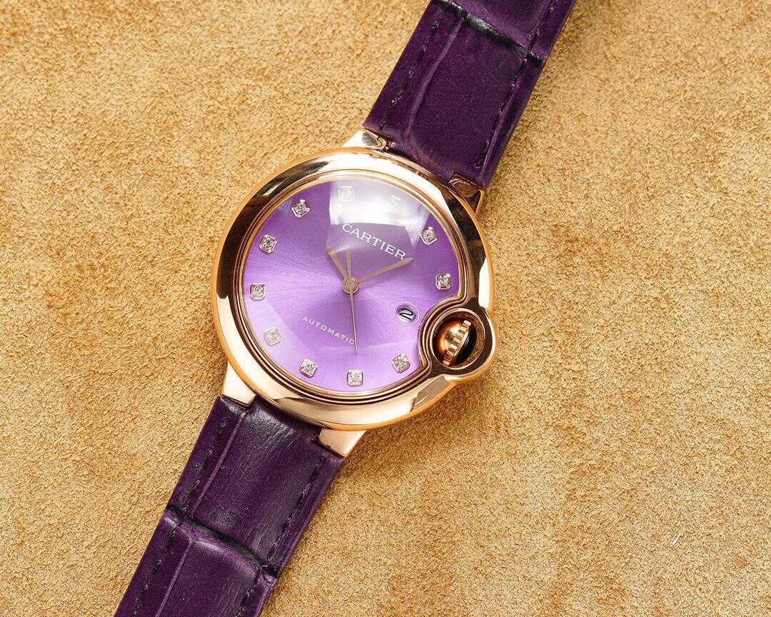 CARTIER BALLON BLEU 33MM ROSE GOLD CASE PINK DIAL LEATHER STRAP