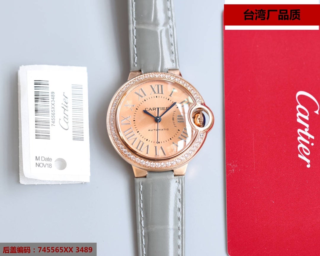 CARTIER BALLON BLEU 33MM ROSE GOLD GREY LEATHER