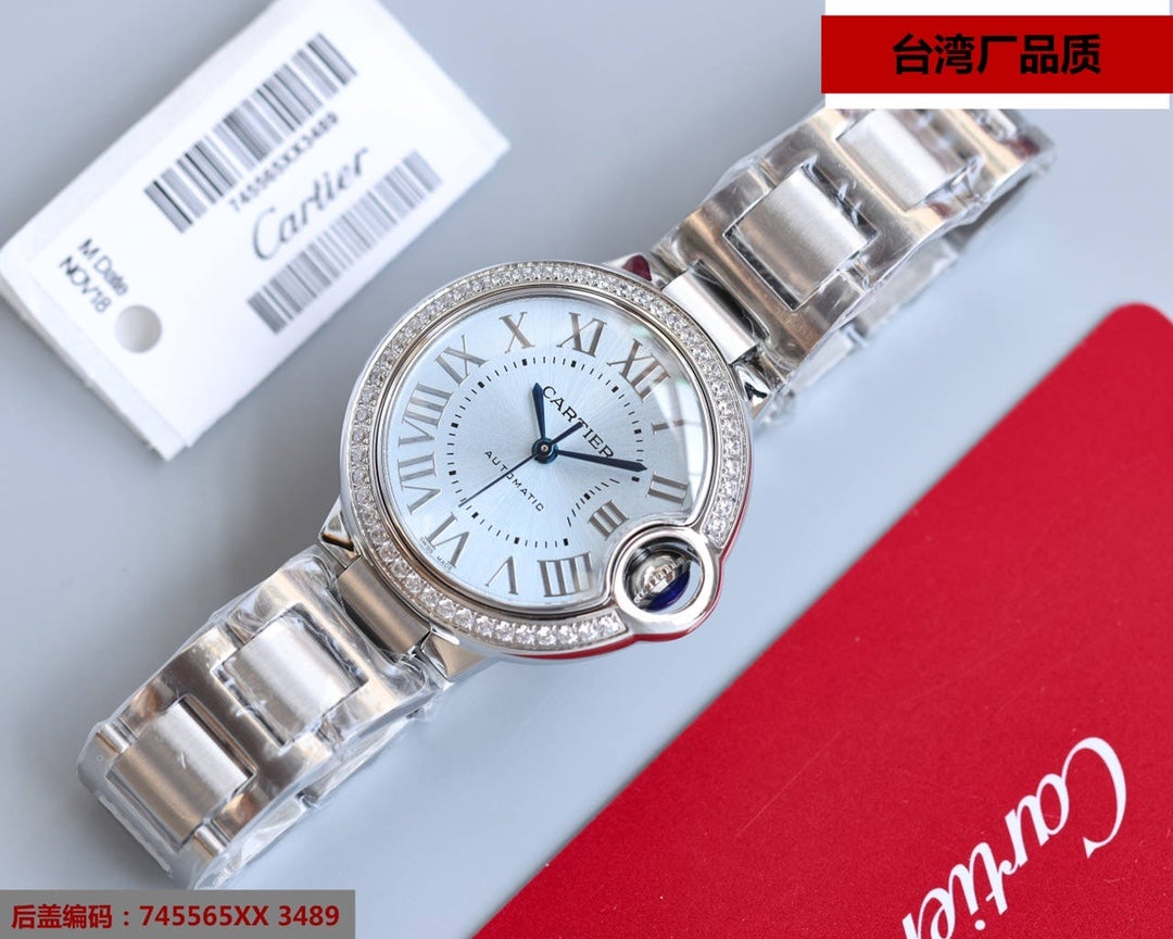 CARTIER BALLON BLEU 33MM STEEL ICE BLUE DIAL DIAMOND BEZEL