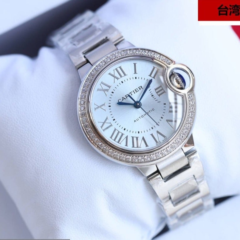 CARTIER BALLON BLEU 33MM STEEL ICE BLUE DIAL DIAMOND BEZEL