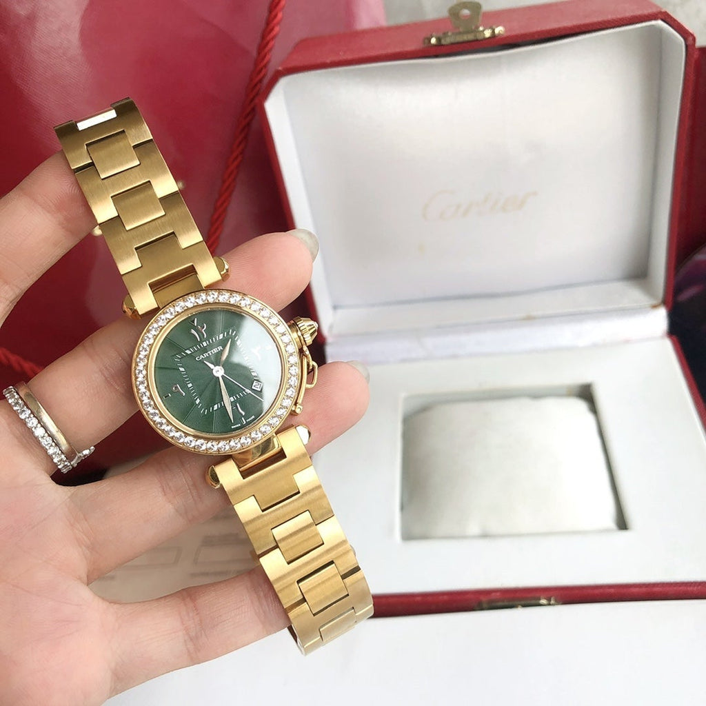 CARTIER CARTIE PASHA 35MM QUARTZ GOLD CASE DIAMOND BEZEL BLUE DIAL